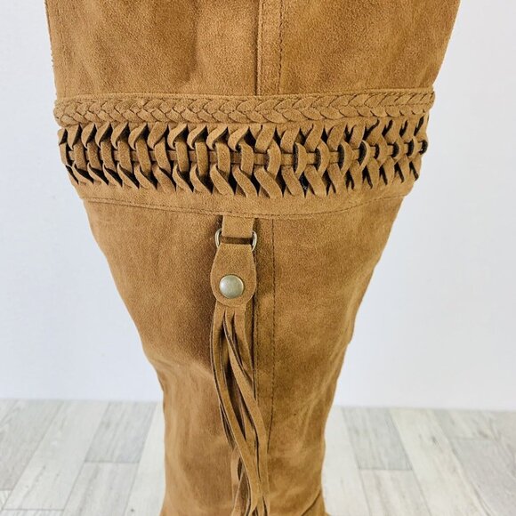 Mudd Womens Reto Tall Boots Size 6.5 Cognac Brown Hippie Bohemian Fringe Tassel - Picture 10 of 14